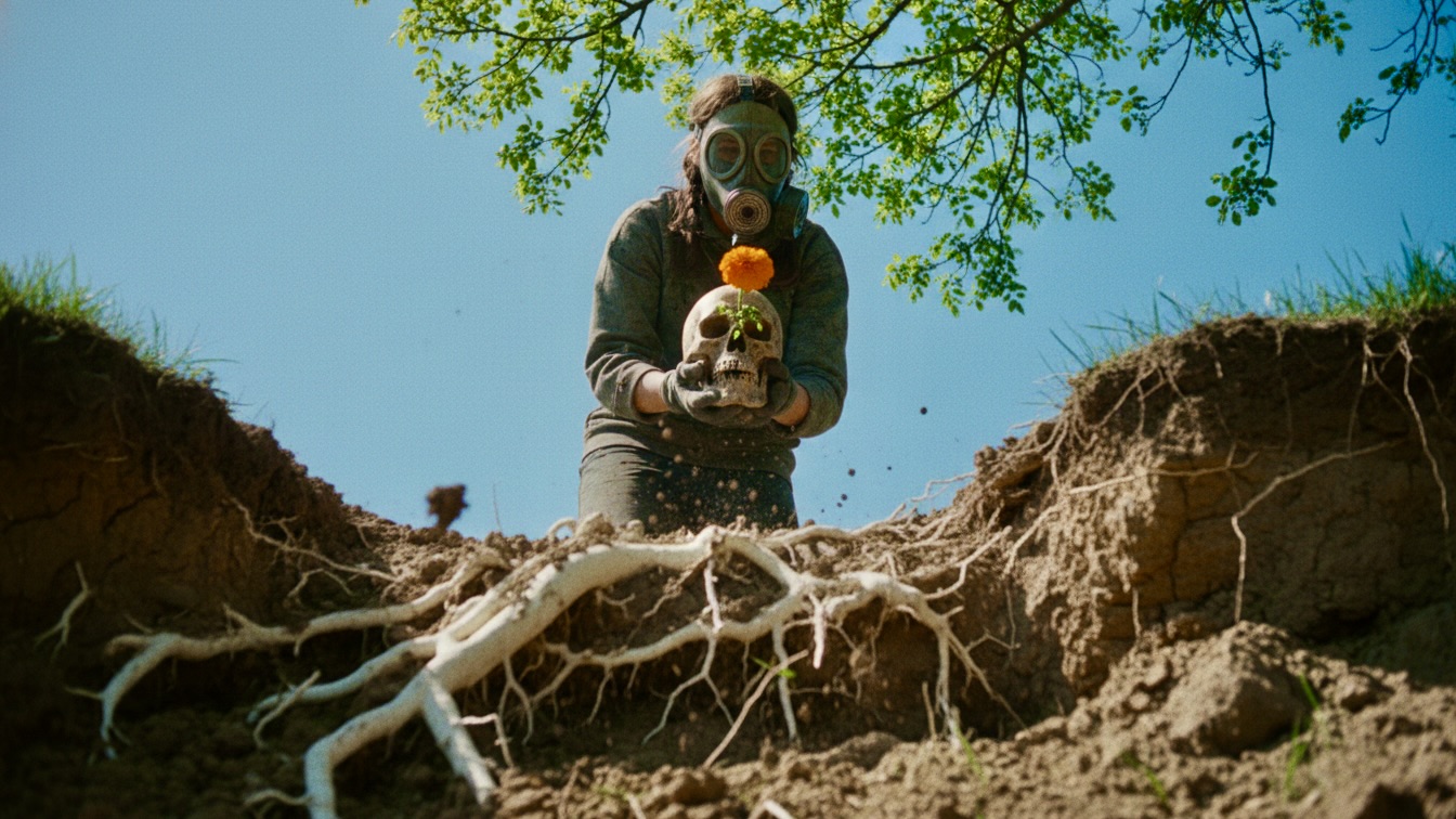 A girl in a gas mask holds a skull with a blooming orange flower while standing on a crumbling graveyard ridge.