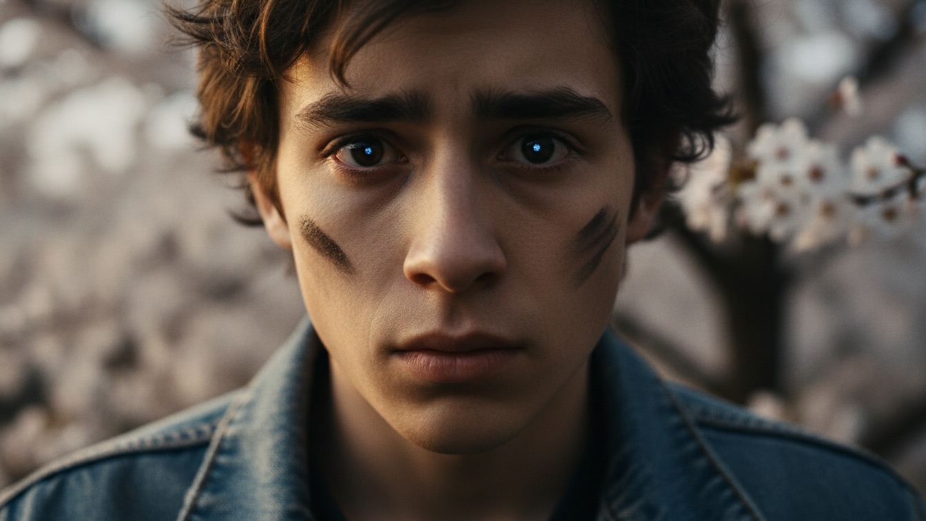 A close-up of a young man's face in the dark, illuminated by blue and white light, looking stressed yet determined.