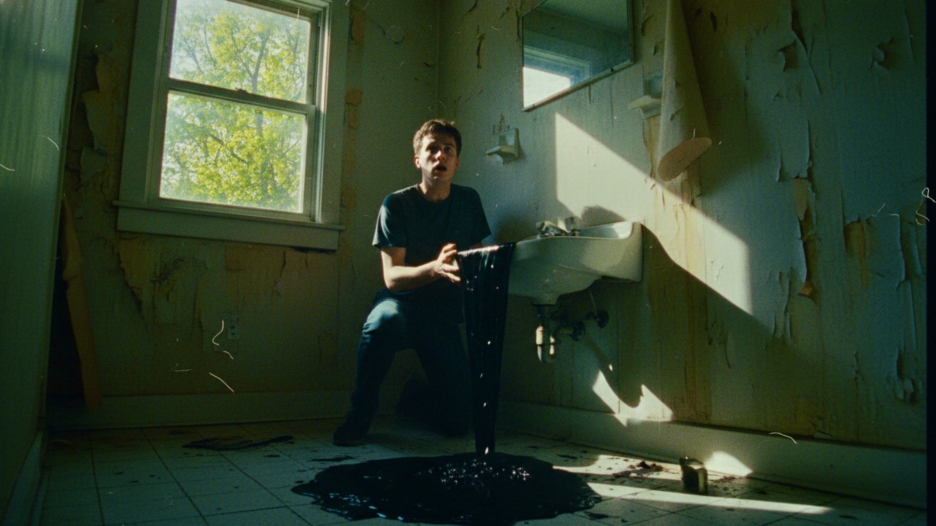 A man stands over a sink filled with black ink in a dilapidated bathroom during a bright spring day.