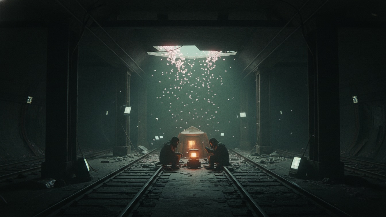 A cinematic shot of a dark, gritty subway tunnel with a small orange fire and green computer screens, featuring cherry blossoms falling from a crack in the ceiling.
