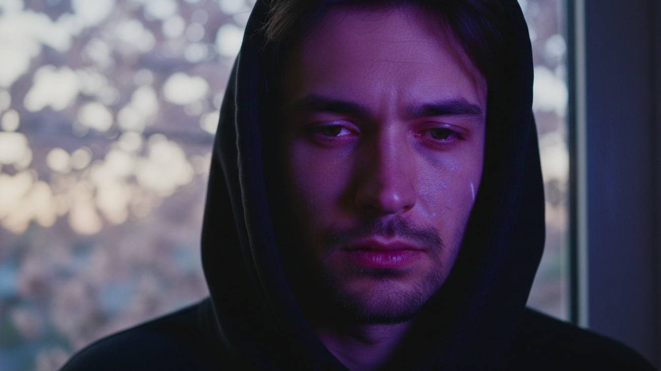 A young man stares at a glowing phone screen in a dark room, his face filled with sorrow and reflected purple light.