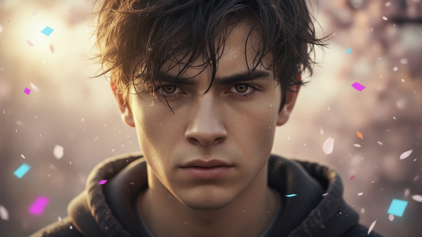 A close-up of a determined teenager in a digital world illuminated by golden sunlight and surrounded by spring blossoms.