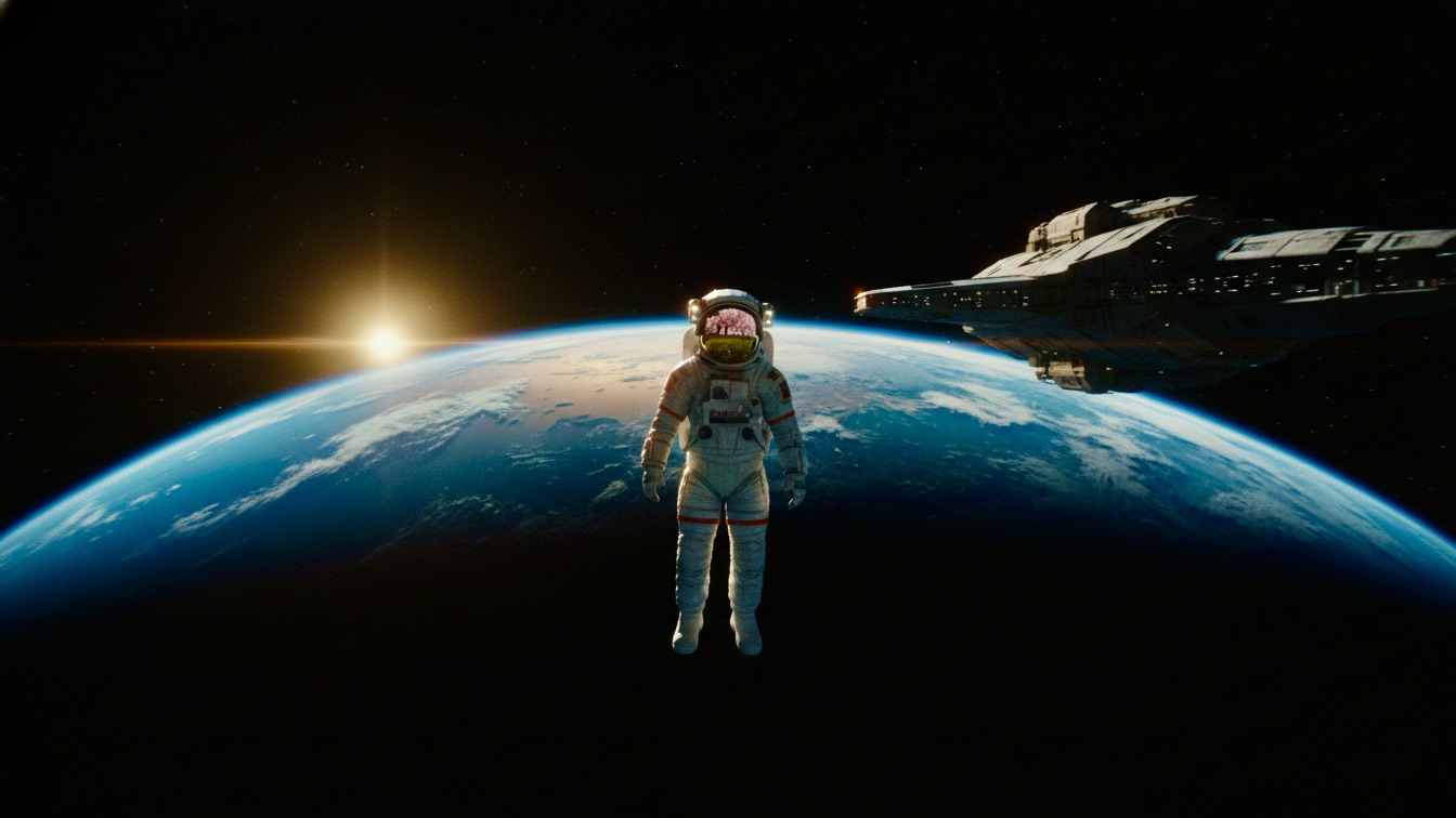 A lone astronaut drifts in the dark void of space with a lush, green Earth in the background and spring flowers reflected in their visor.