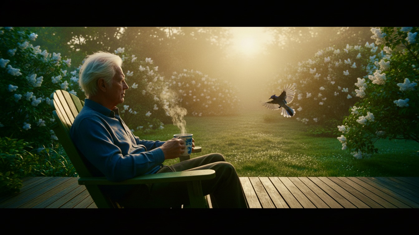 An elderly man sitting on a porch at sunrise as fog lifts from a lush spring garden.