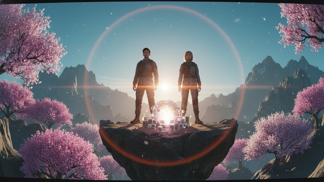 Two young adventurers stand on a floating mountain peak surrounded by neon spring blossoms under a bright cyan sky.