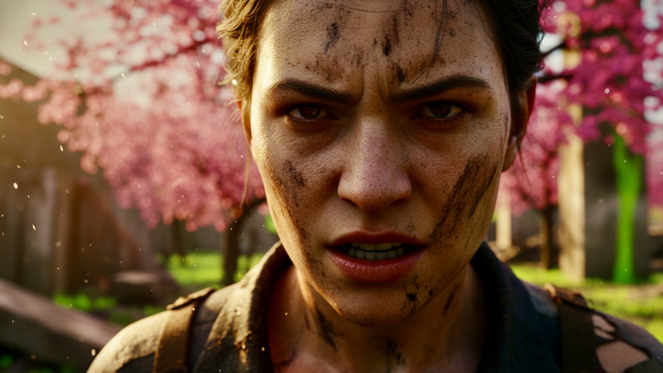A close-up portrait of a dirt-streaked young adult survivor looking exhausted and furious against a blurred background of bright spring foliage and rusted concrete.