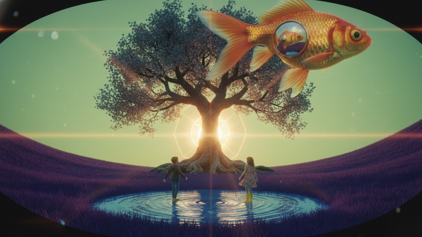 Two children float in a glitching, purple-grass park beneath a square sun and a giant floating goldfish.