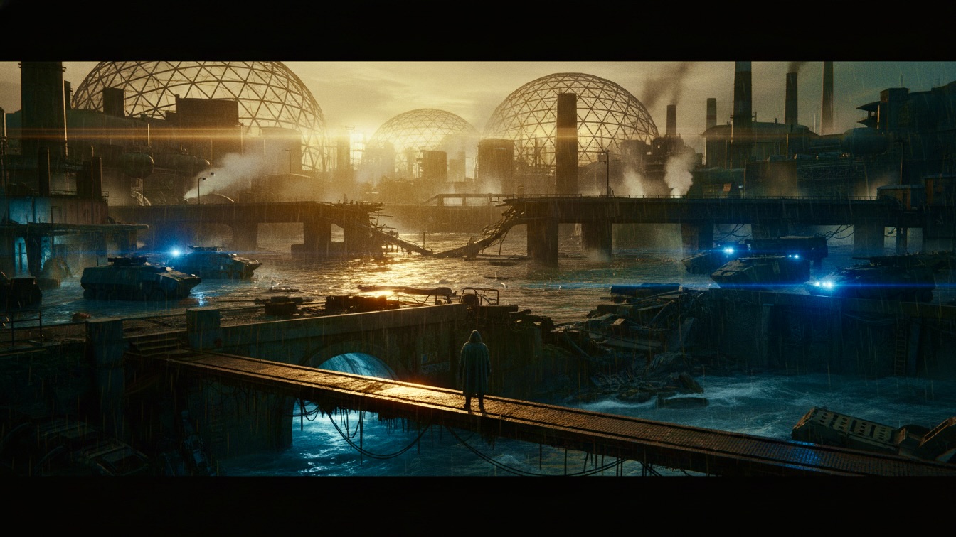 A wide, cinematic shot of a dystopian city at night with a lone figure on a catwalk surrounded by searchlights and military trucks.