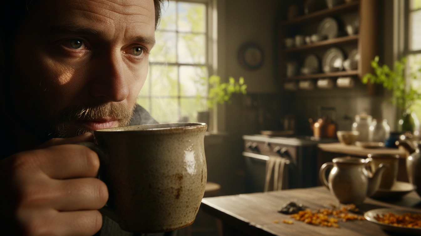 Close-up of a man's face as he drinks tea, illuminated by soft spring light in a rustic kitchen.