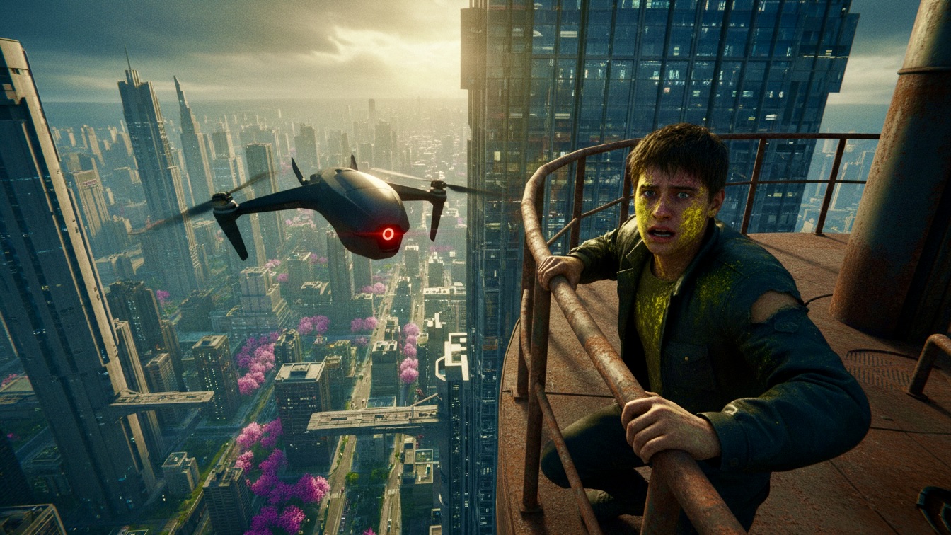 A man clinging to a high-rise catwalk covered in yellow dust while a drone hovers nearby.