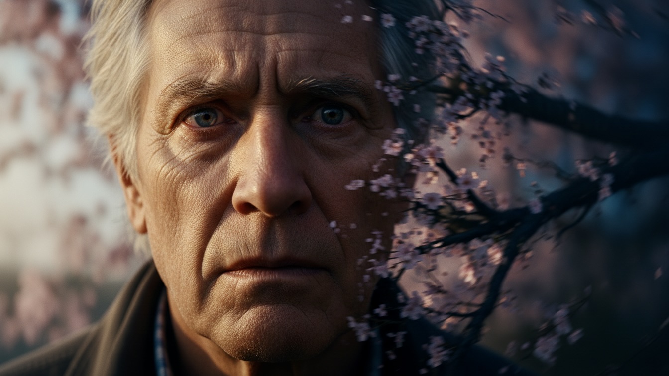 A close-up of an older man's face showing intense emotion against a backdrop of spring blossoms and a dark anomaly.