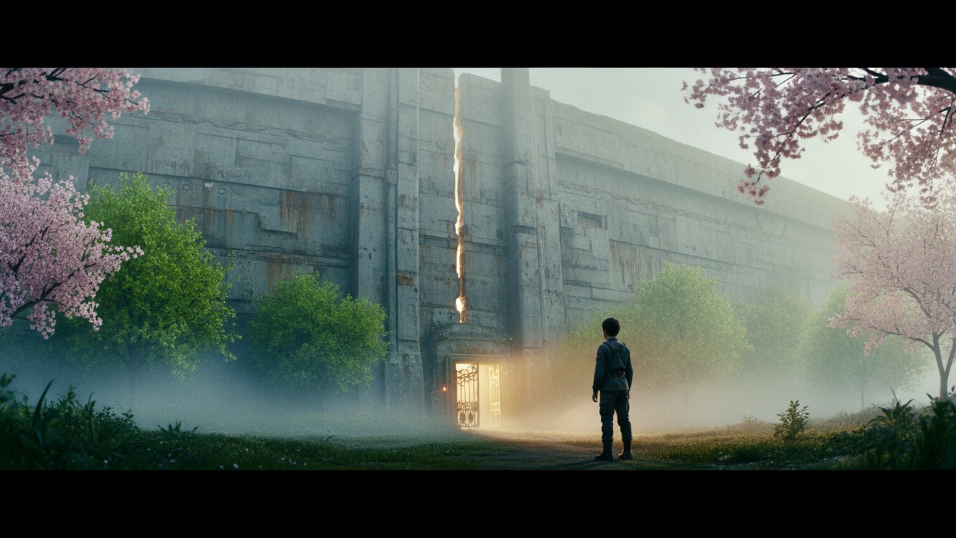A massive gray wall towers over a boy in a dark uniform as he stands by a glowing open gate in the thick spring fog.