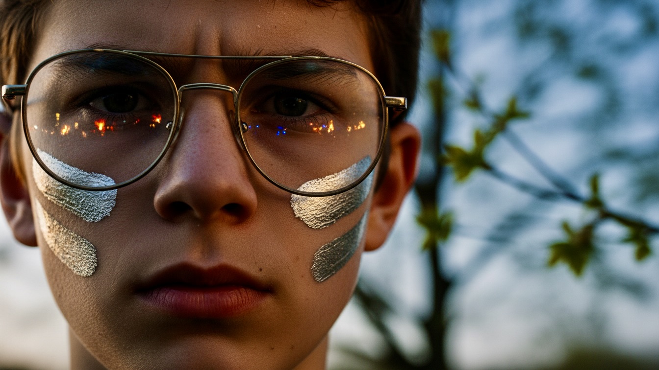 A close-up of a teenager with silver paint on his face and old brass glasses reflecting a fire.