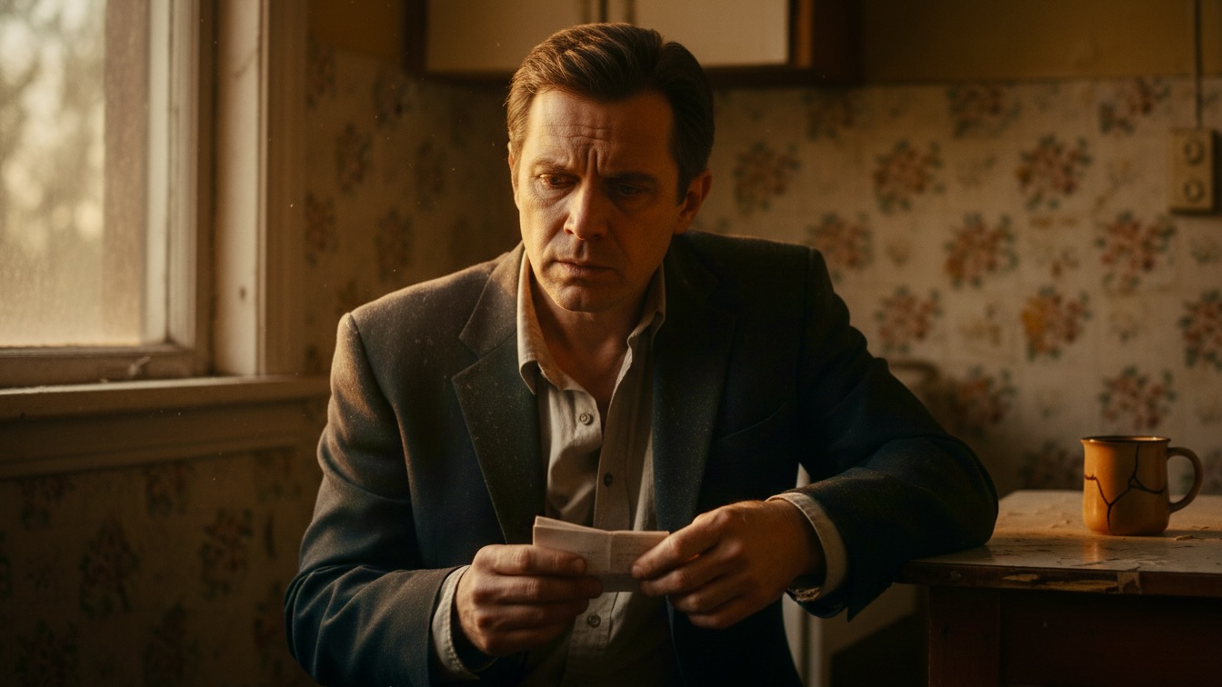 A tired man in an unbuttoned suit reads a handwritten note in a dusty, sunlit kitchen.