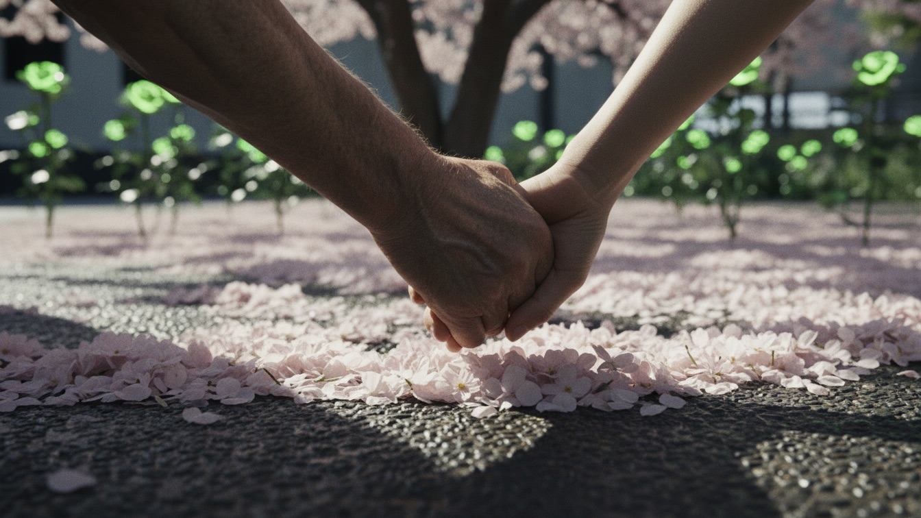 Two people holding hands tightly on a path covered in pink petals during a bright spring morning.