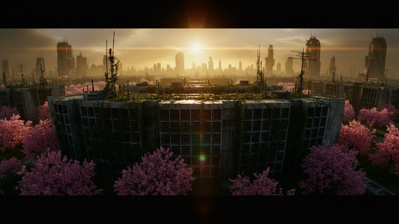 A massive concrete server building covered in blooming cherry blossoms under a golden sunset.