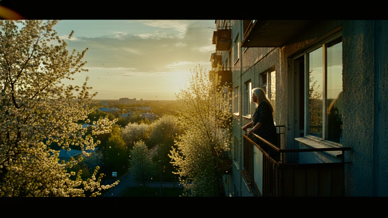 An elderly woman stands on a balcony overlooking a city at sunset, surrounded by blooming white trees.