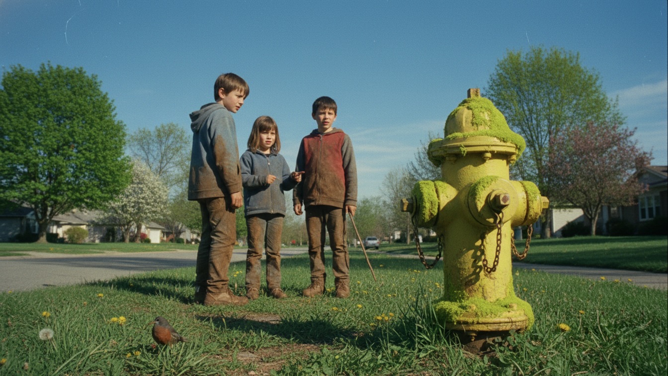 A yellow fire hydrant covered in bright green moss on a sunny suburban street, with three dirty children looking at it from a distance.