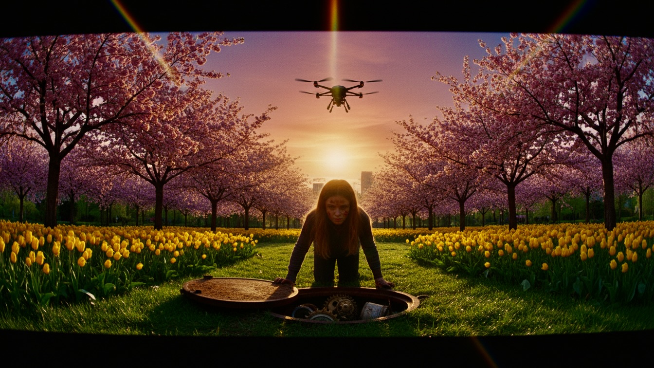 A young girl stands over a hidden underground hatch in a blooming spring park at sunset.