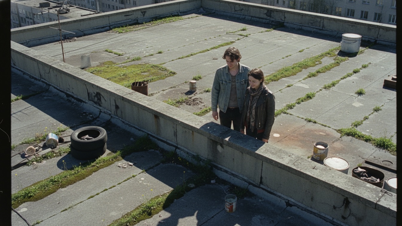 A young man and woman stand on a sunlit city rooftop, surrounded by weathered concrete and small patches of green spring moss.