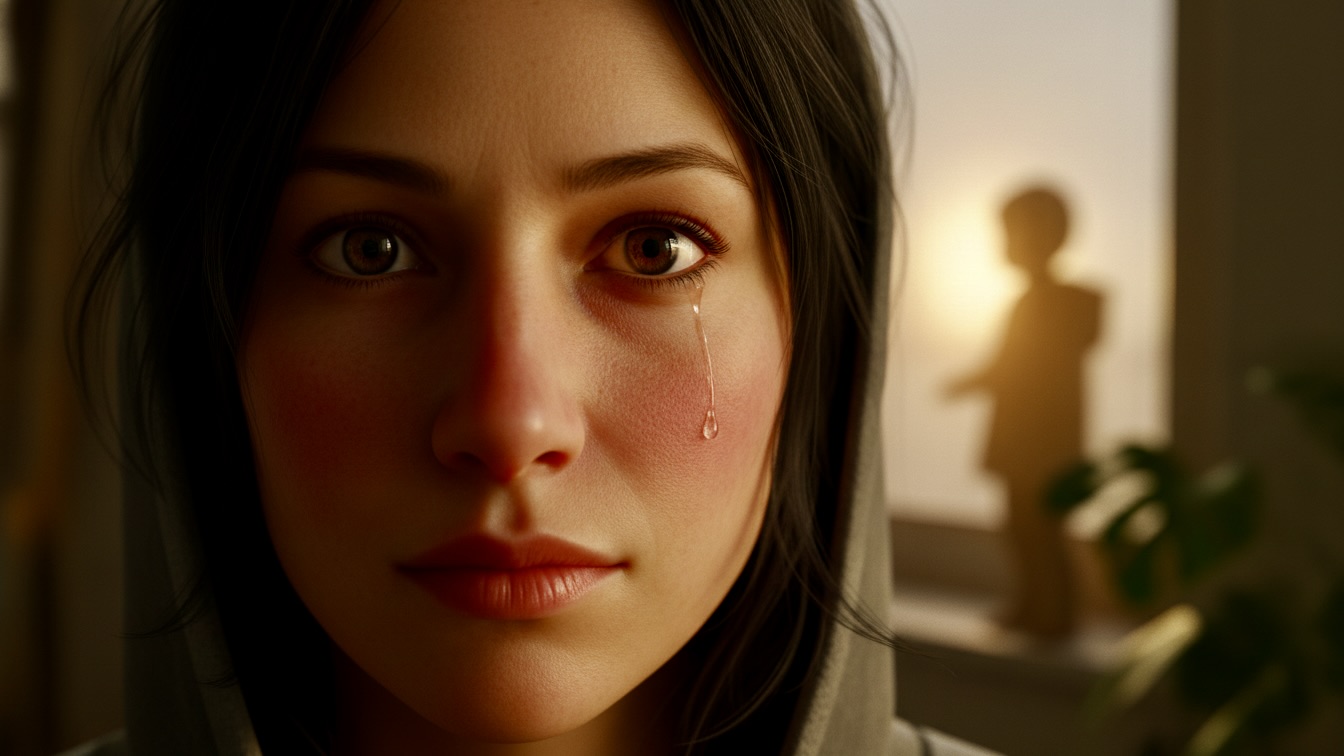 Close-up of a young woman's face glowing with warmth and hope in a dark, cold environment.