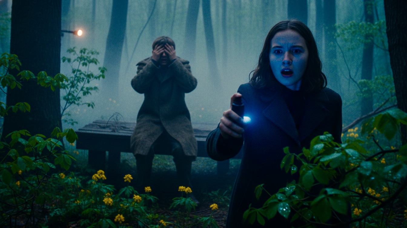 A panicked girl with a phone and pepper spray in a foggy spring forest while a boy lies on the ground behind her.