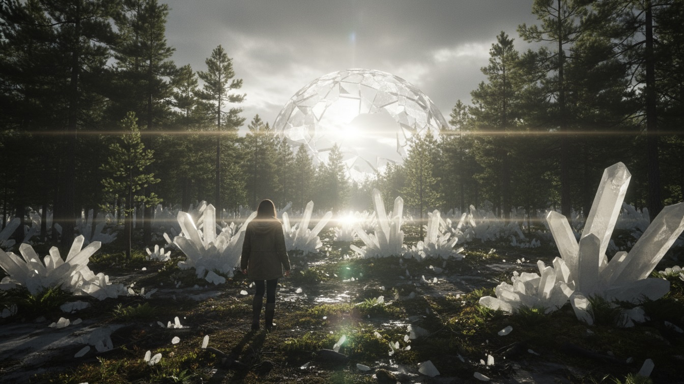 A woman in a canvas jacket walks through a muddy pine forest filled with glowing white crystal shards beneath a shattered dome.