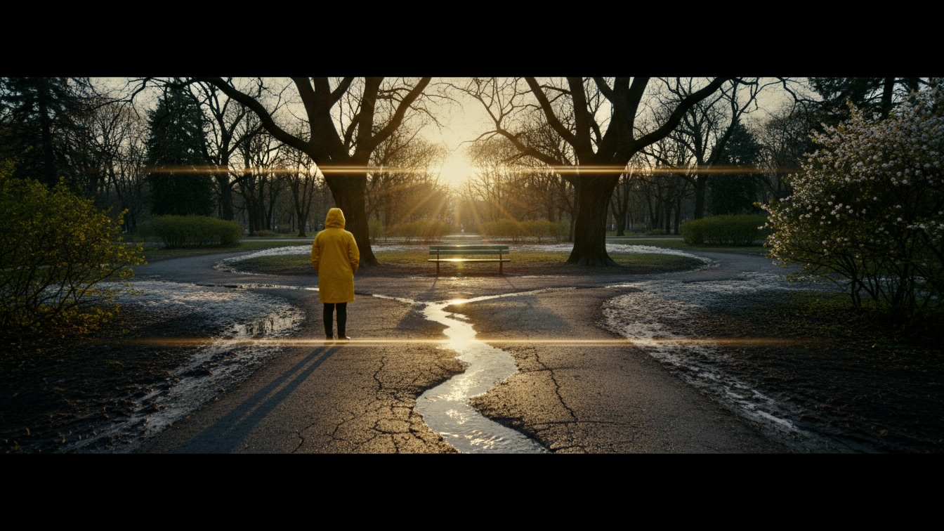 A cinematic wide shot of a thawing city park with a person in a yellow raincoat standing near a melting stream.