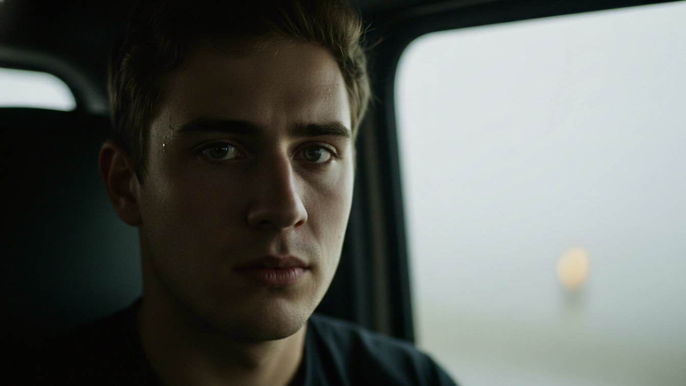 A close-up of a young man’s face in a dark truck cab, illuminated by warm dashboard lights, with thick white fog visible outside the window.