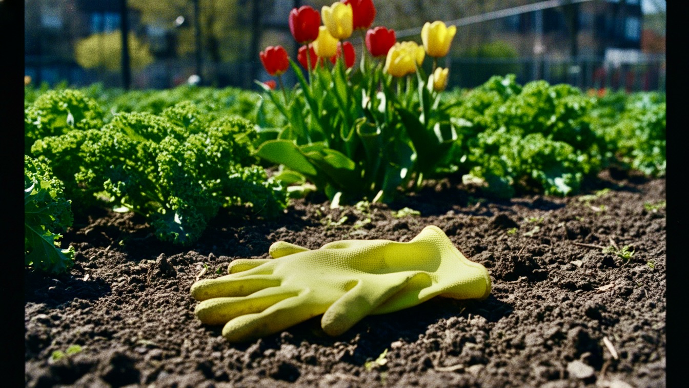Close-up of bright yellow nitrile gloves on dark garden soil surrounded by spring greenery.