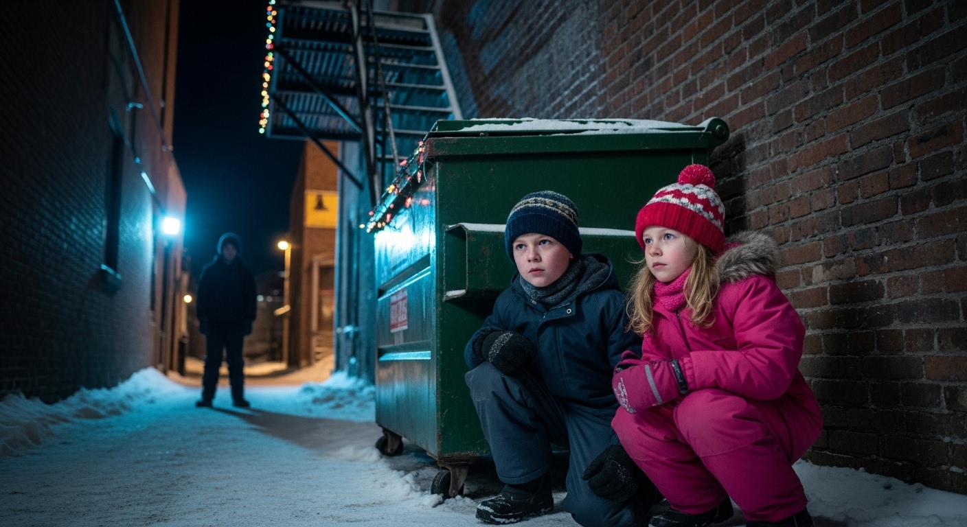 A young boy and a smaller girl in a pink snowsuit hiding behind a dumpster in a snowy alley, preparing to throw snowballs at an opposing figure.