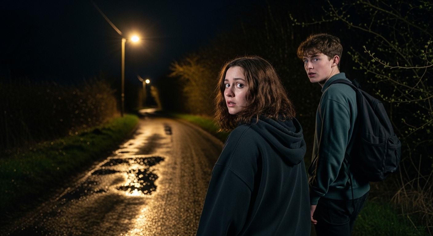 Two teenagers, a boy and a girl, walk down a dark, muddy road at night, the girl looking back nervously into the shadows.
