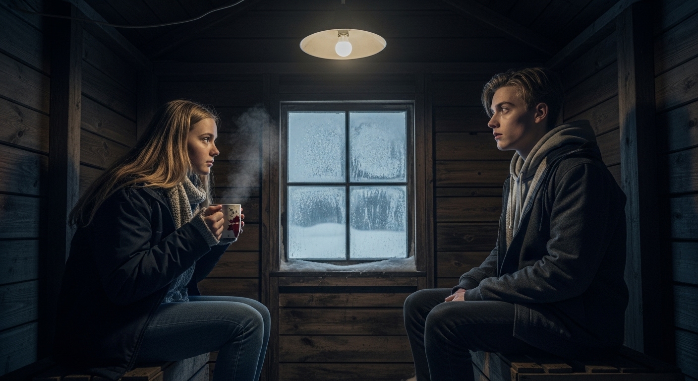 Two teenagers, Tamara and Donald, sit in a cold, rustic cabin, holding mugs of hot chocolate, their expressions tense and uncertain.