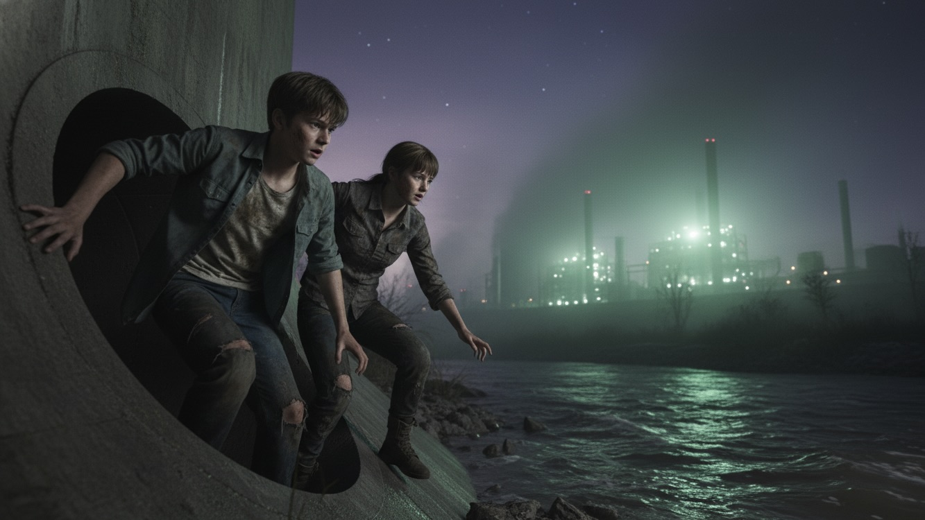 Two muddy teenagers, one male and one female, emerge from a dark, concrete pipe into a polluted riverbed at night. In the background, an industrial plant glows sickly green under a dark sky.