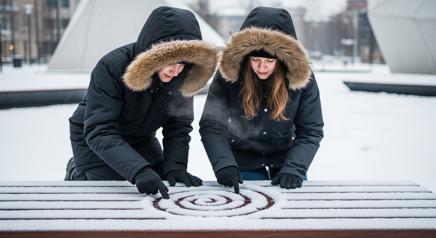 Two teenagers in parkas trace a spiral in fresh snow on a park bench in a dystopian city.