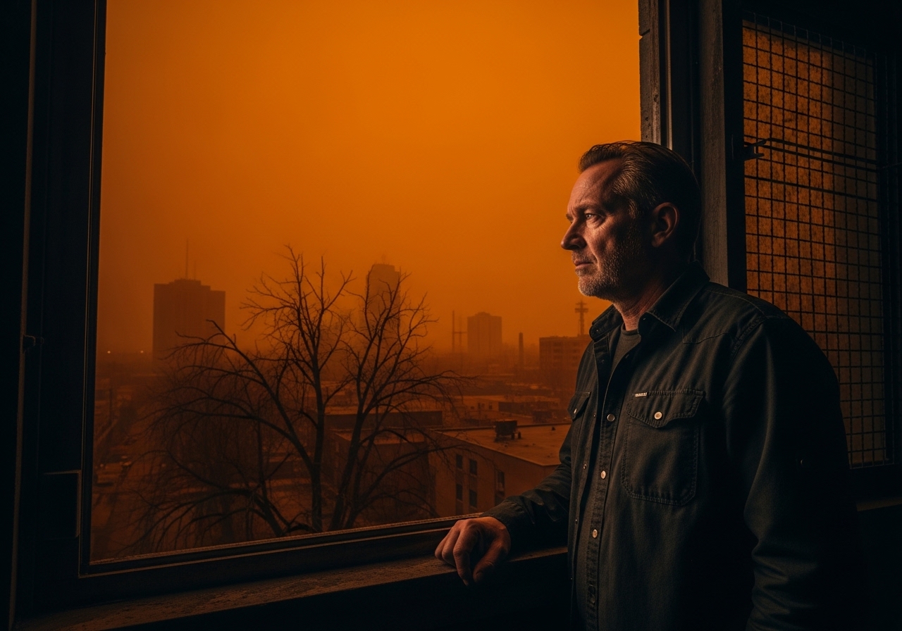 A man gazes from a window at a Winnipeg cityscape shrouded in a permanent, ominous orange twilight.