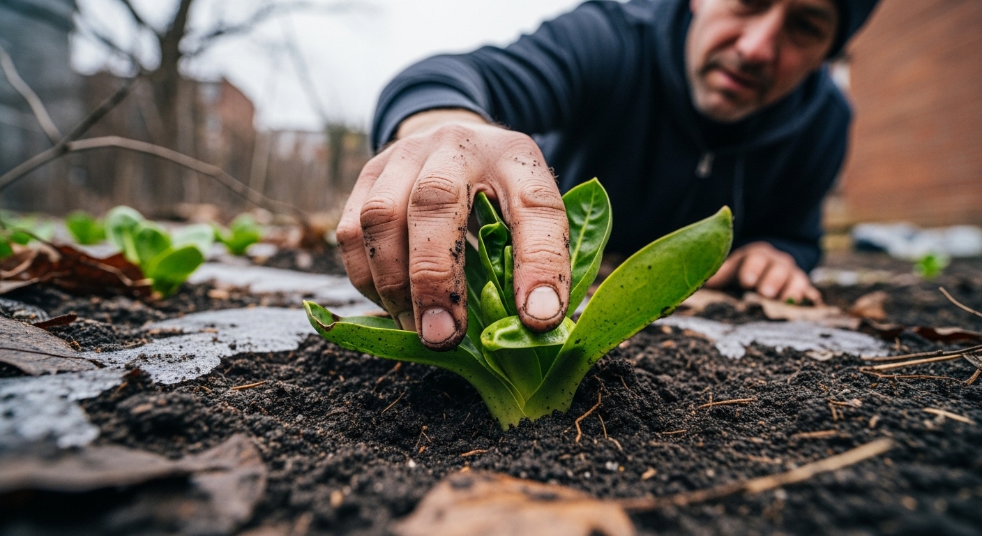 A man's hand touching a vibrant green plant in muddy spring soil.