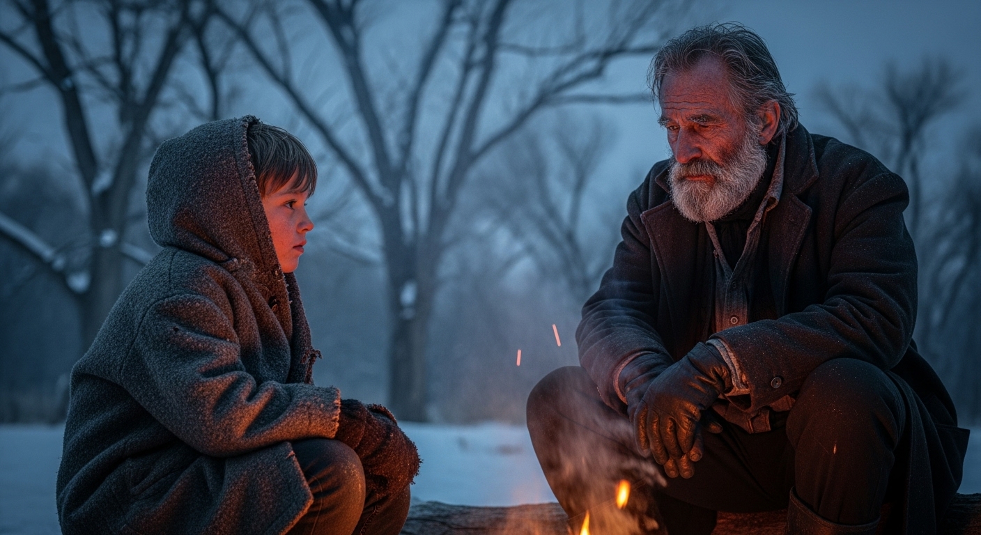 A young boy and an old trapper sit opposite each other at a small campfire in a snowy, winter landscape.