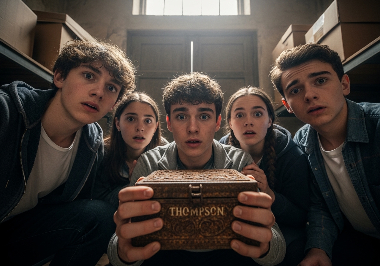 Four terrified teenagers huddle in a dusty room, one clutching a rusted metal box, staring at a door in fear.