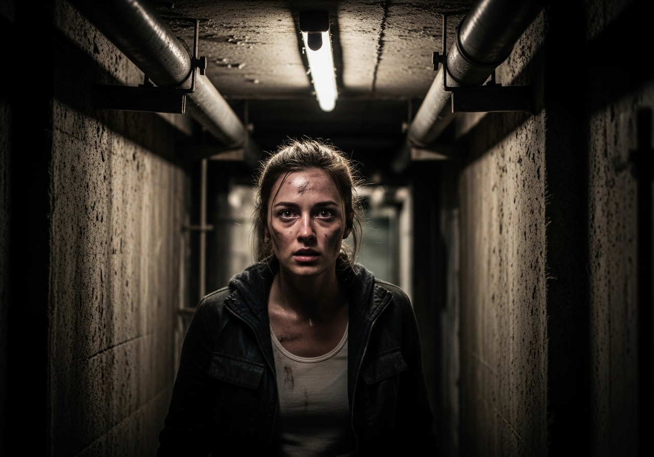 A dirty, determined young woman emerges from a dark industrial tunnel.
