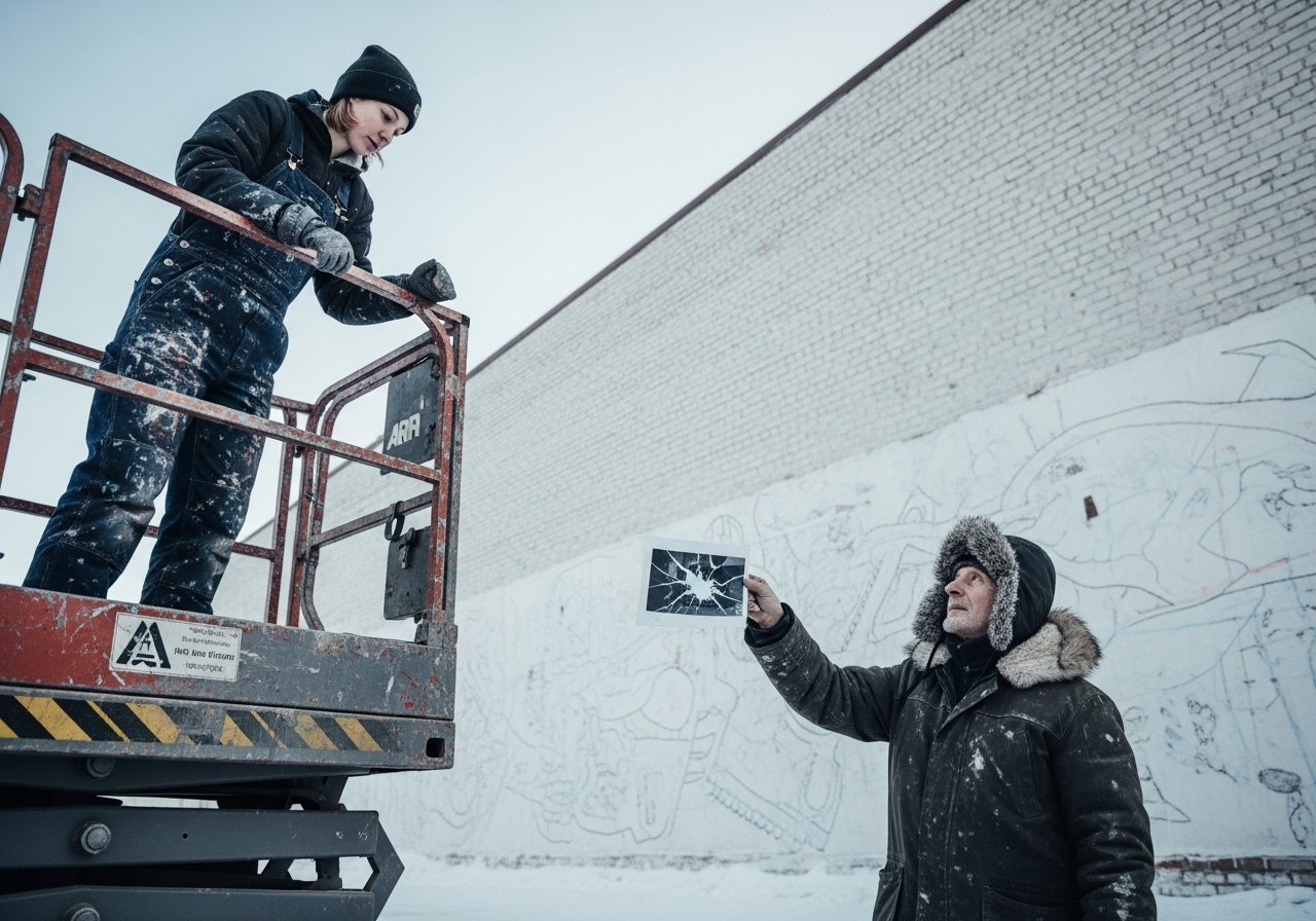 A female muralist on a lift looks down at an old man who is showing her an old photograph.