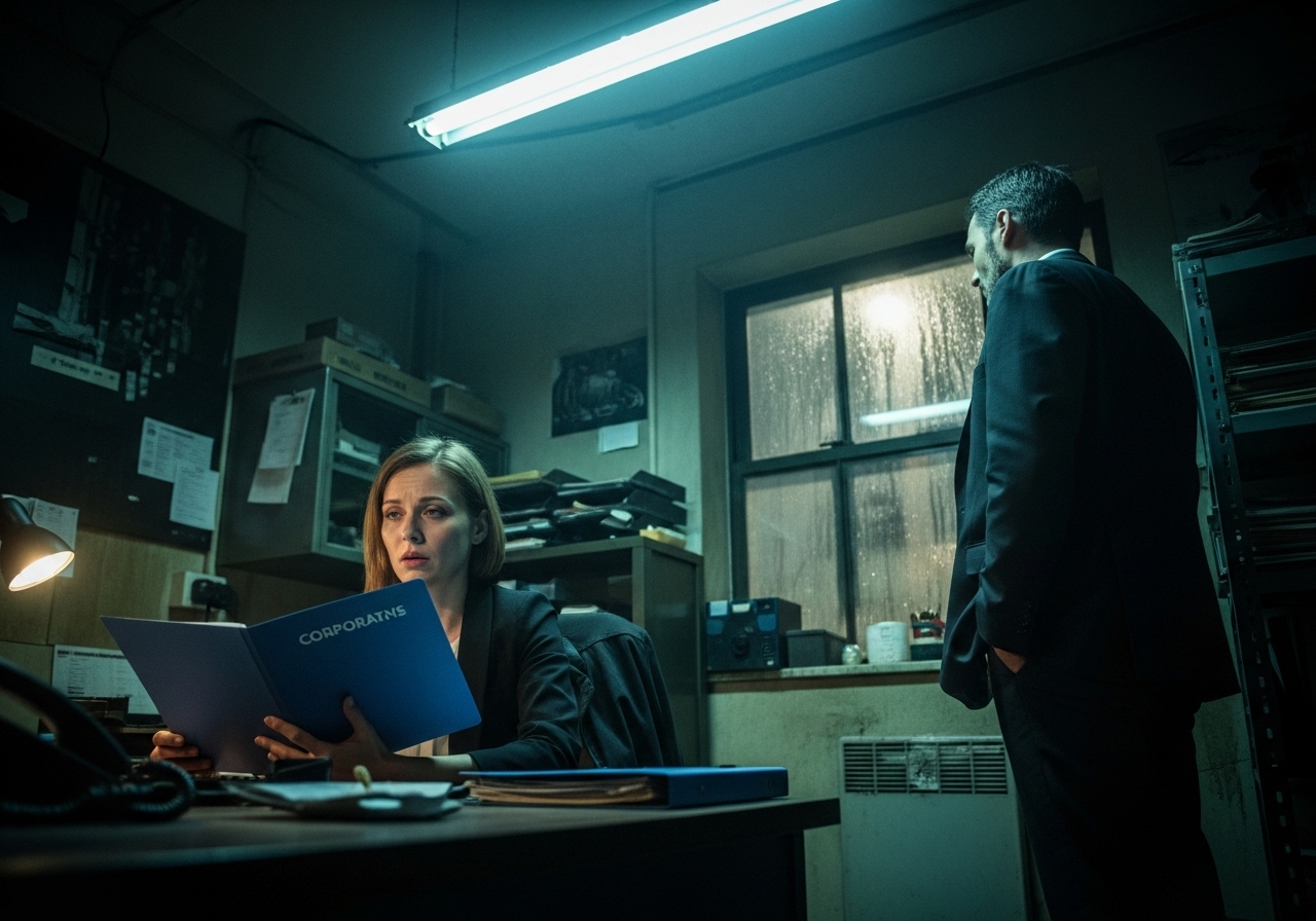 A man and a woman in a cramped, dark office, caught in a moment of tense disagreement over a business proposal.