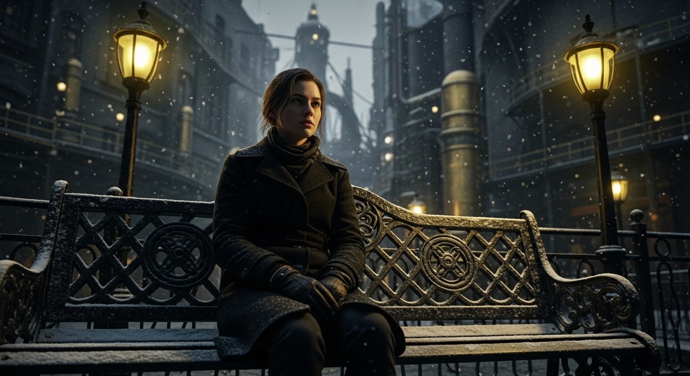 A young woman in a heavy coat sits on a park bench at dusk in a snowy, industrial city, illuminated by a single steam-lamp.