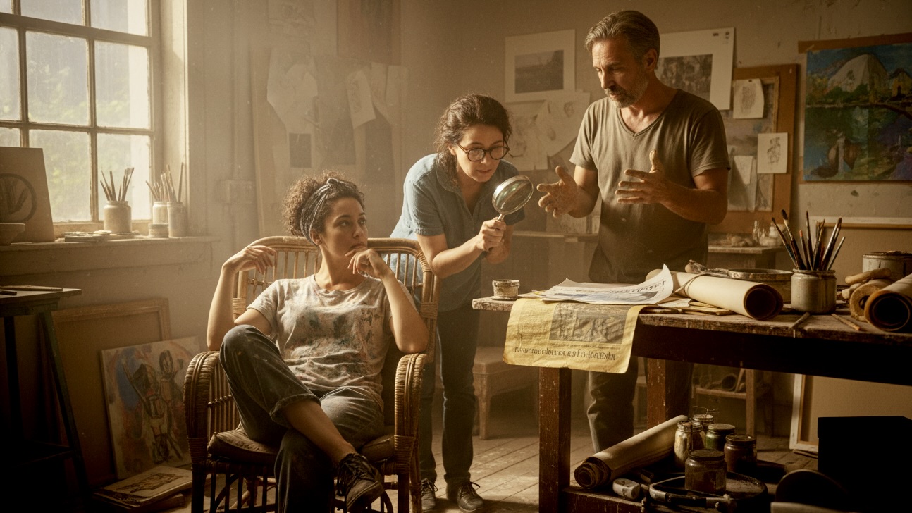 Three adult artists in a hot, dusty art studio examining old documents and blueprints, debating a local history exhibit with serious expressions.