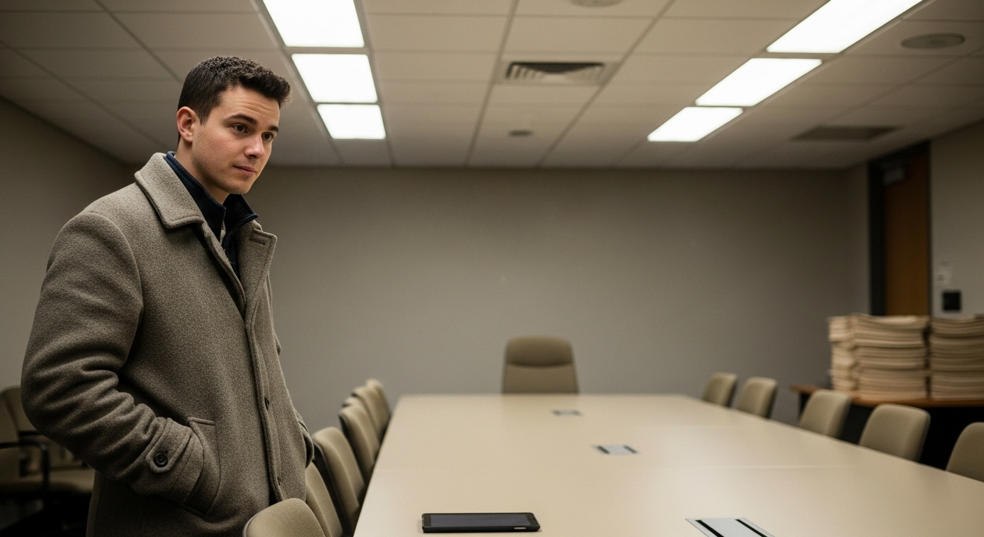 A young man with a worried expression stands in a sterile meeting room, staring at an empty table.