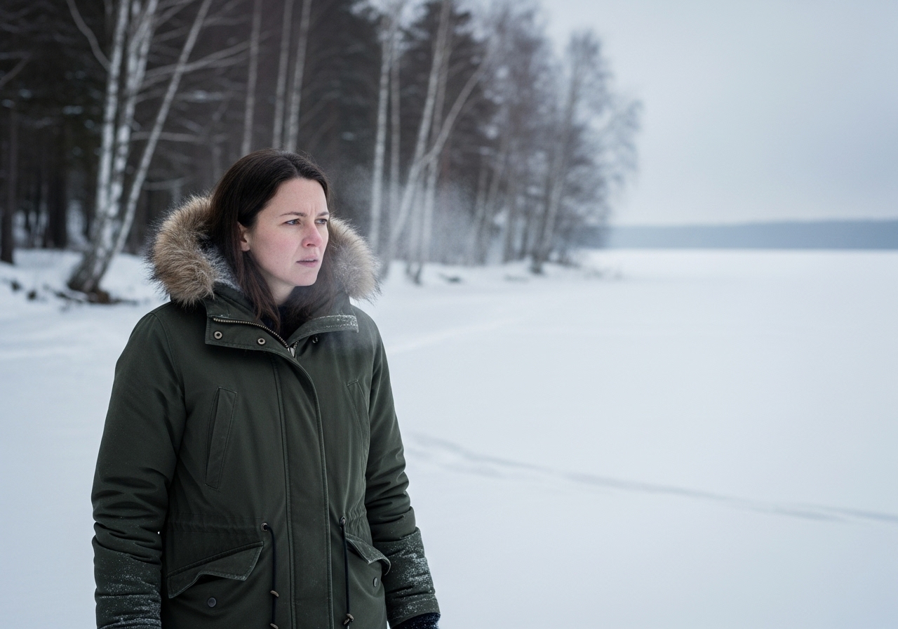 A woman in a heavy parka stands by a frozen, snowy lake, gazing with unease into the distance.