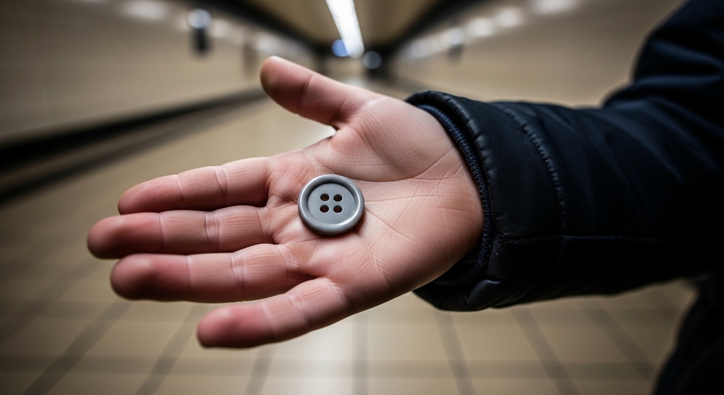 A close-up photograph of a child's hand holding a single, plain grey button in a brightly lit hallway.