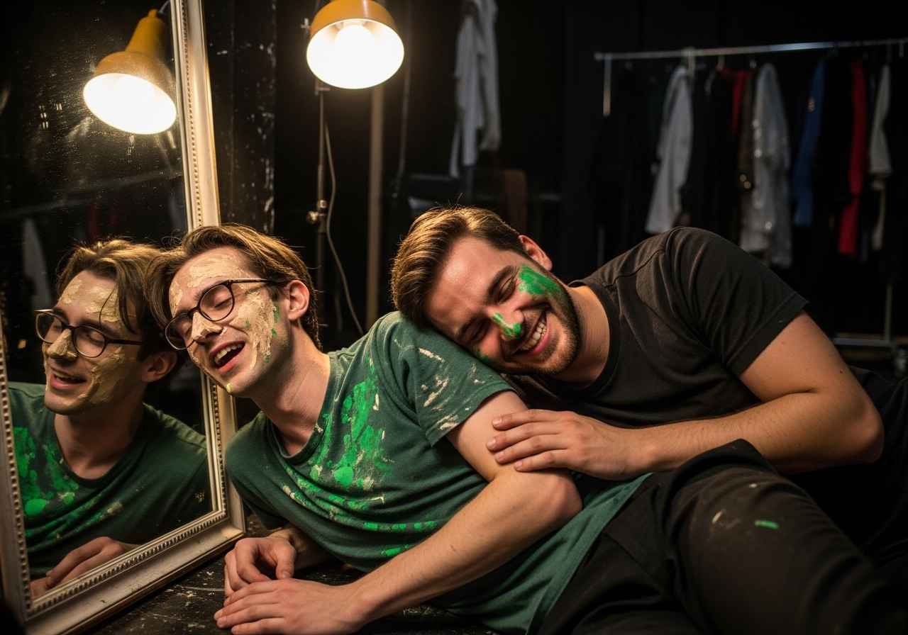Two young men, covered in streaks of paint, are laughing together on the floor of a theatre's backstage area.