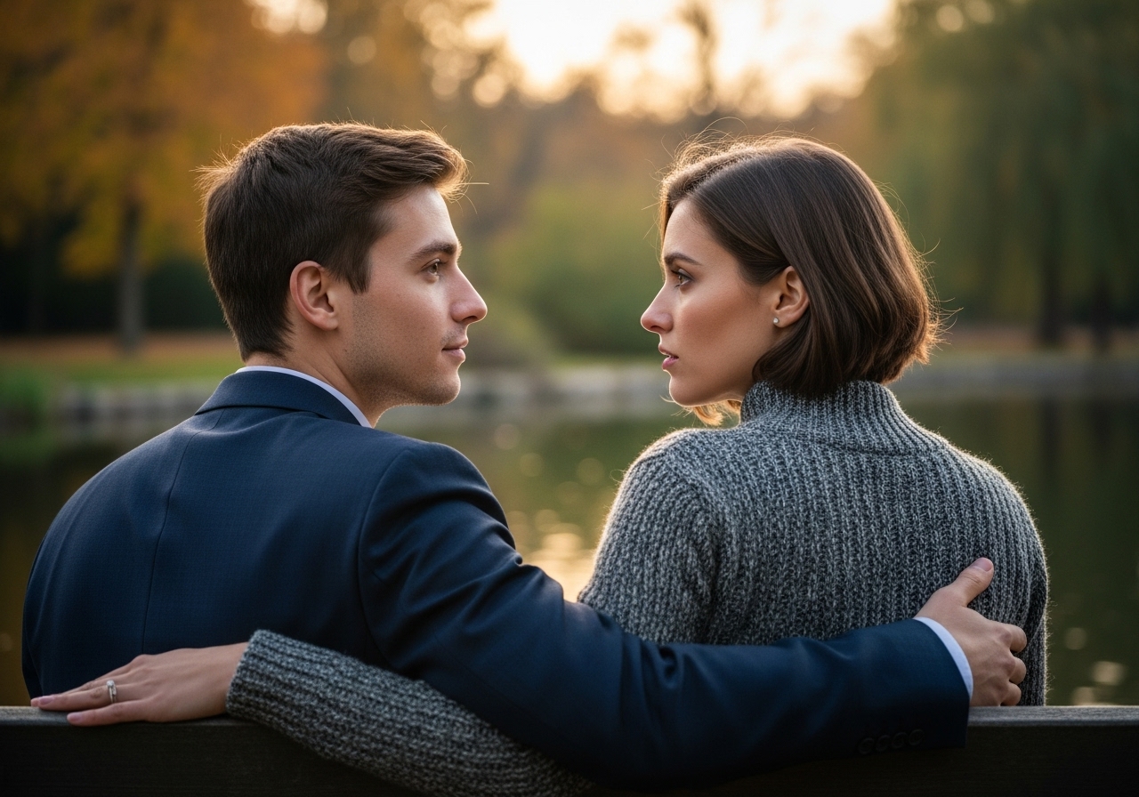 A man looks lovingly at his partner on a park bench, while she gazes away with a distant expression.