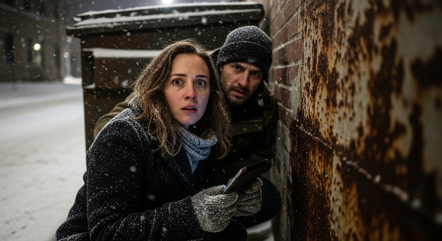 Two people, Thom and Jamey, hiding behind a dumpster in a snowy Winnipeg alley at night, looking terrified as they are pursued.